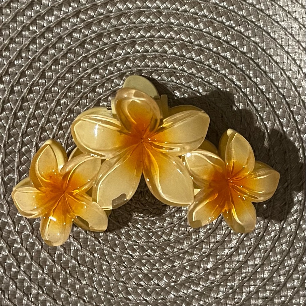 Yellow and orange claw clip.